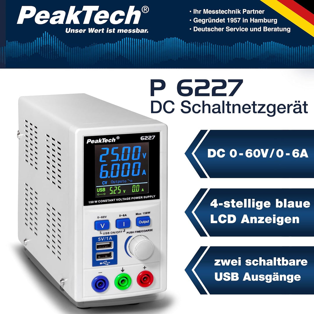 PeakTech P 6227 – DC Labor Netzteil 0-60 V / 0-6 A mit farbiger LCD Anzeige, Labor Netzgerät inkl. 2