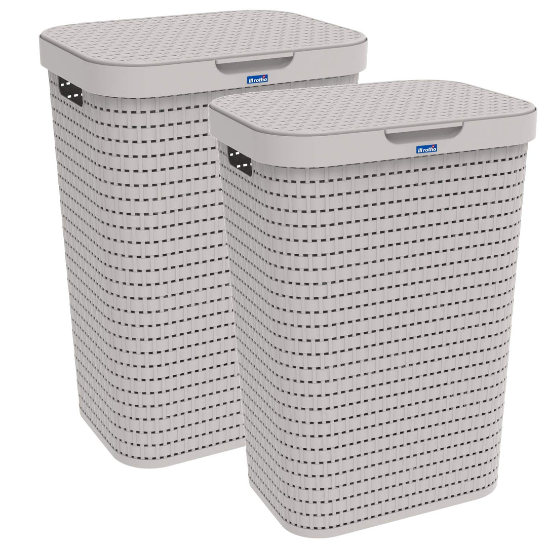 2er-Set Wäschesammler 55l mit Deckel Beige, Beige