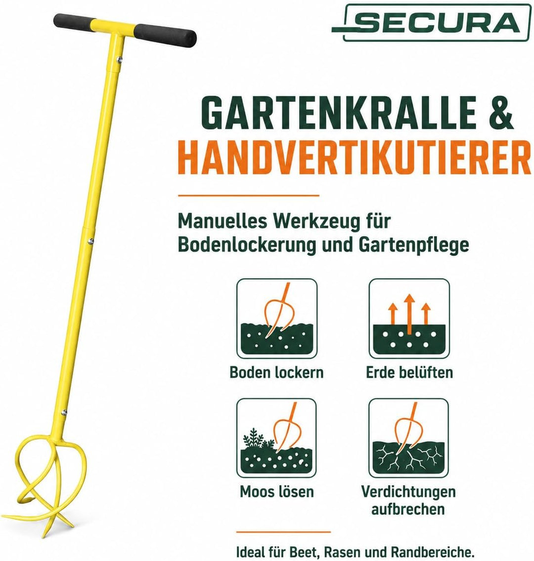 SECURA Gartenkralle und Vertikutierer Handvertikutierer 4 Zinken, höhenverstellbarer Kultivator Erdk