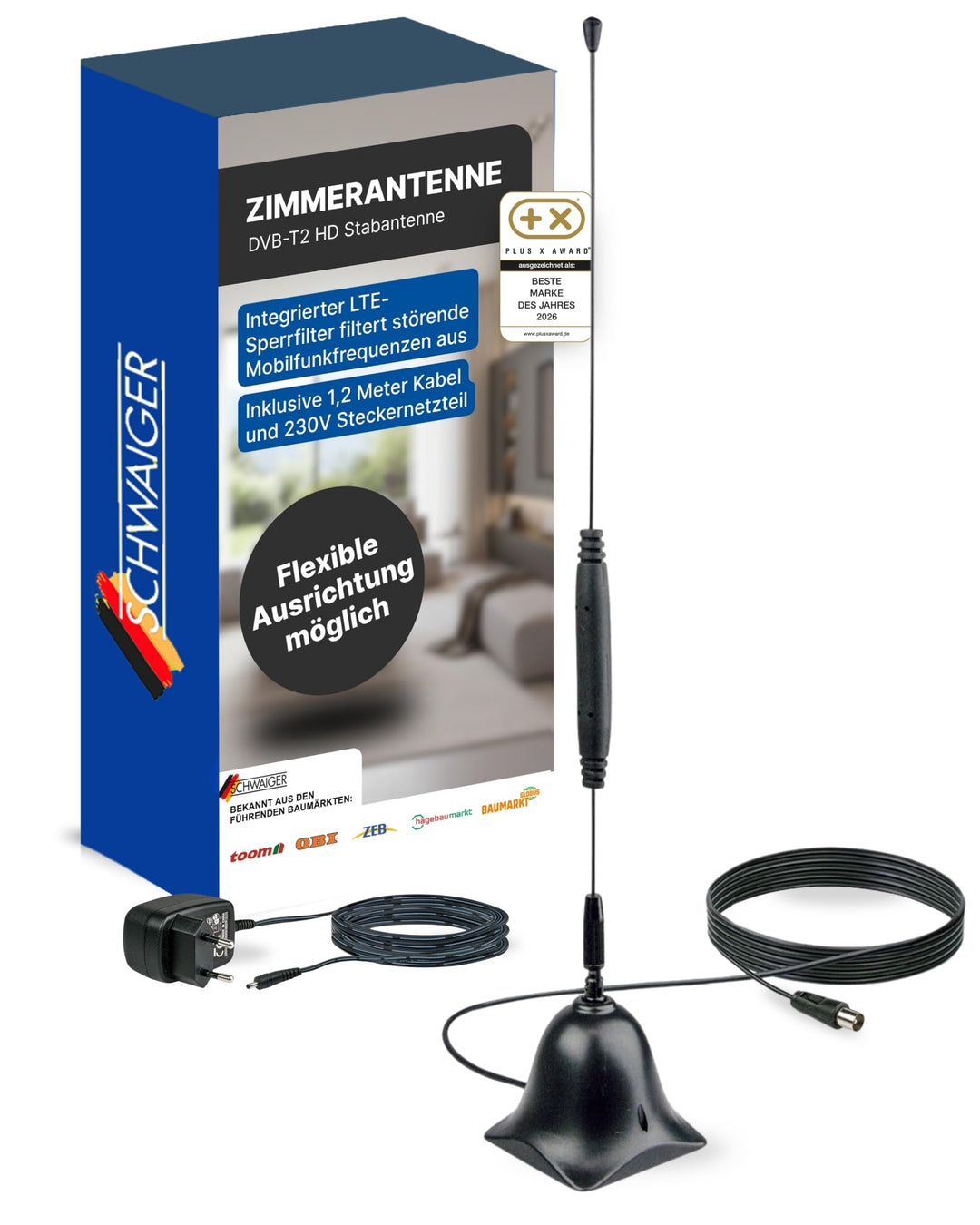 SCHWAIGER 20310 DVBT-2 Antenne Zimmerantenne Digital Analog TV HD Innenbereich Signalverstärkung Ver