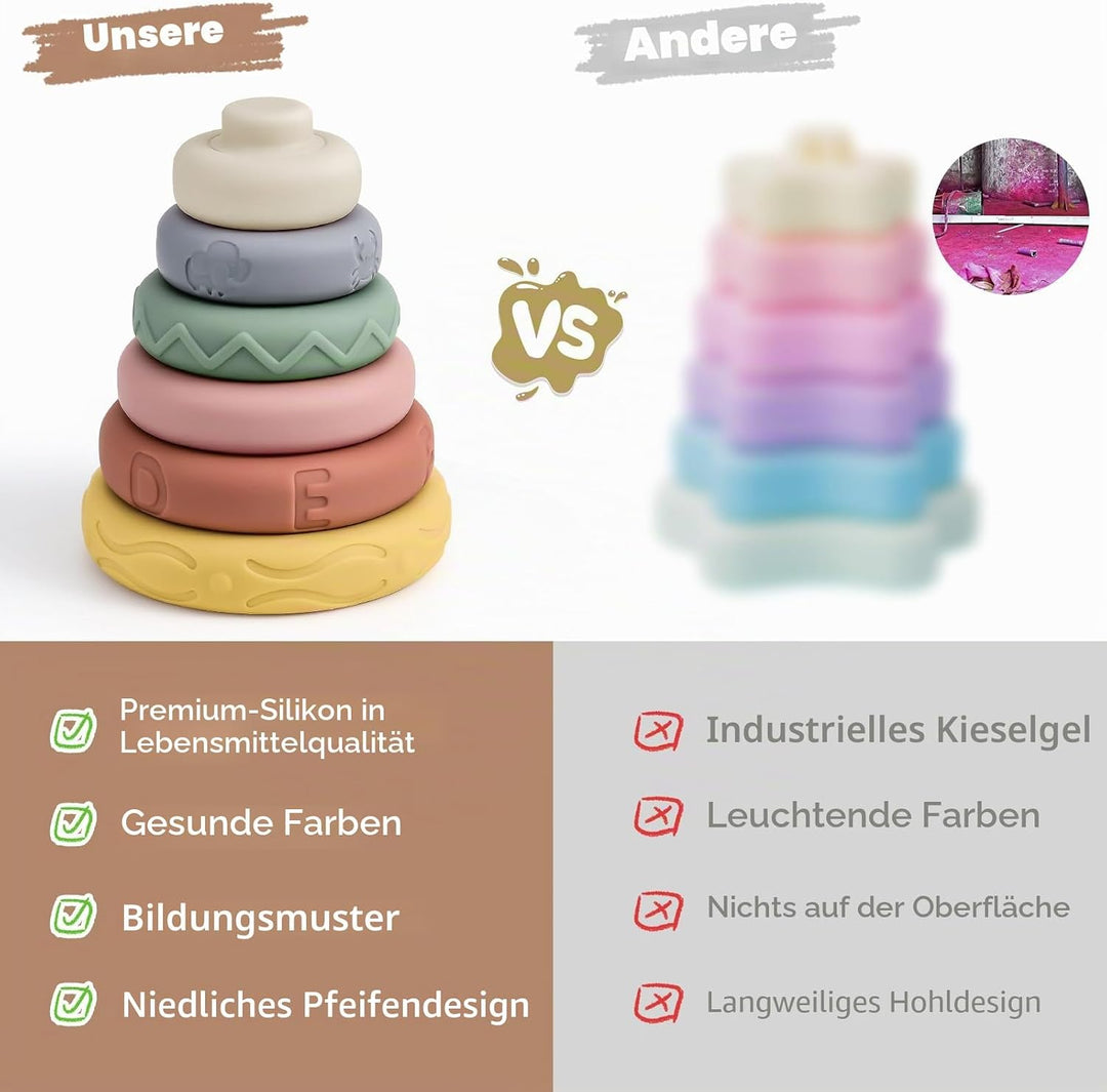 Mini Tudou 6 Stück Stapelspielzeug mit Ringen,Stapelturm & Beissringe für Stapelspiel,Squeeze Zahnen