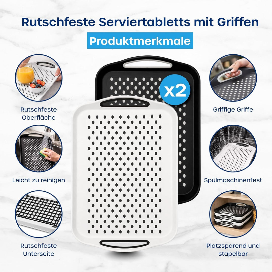 volila rutschfest Tablett Serviertablett (2 STK. 41 x 29 x 4,5 cm) - Service Tray mit Henkel - Servi
