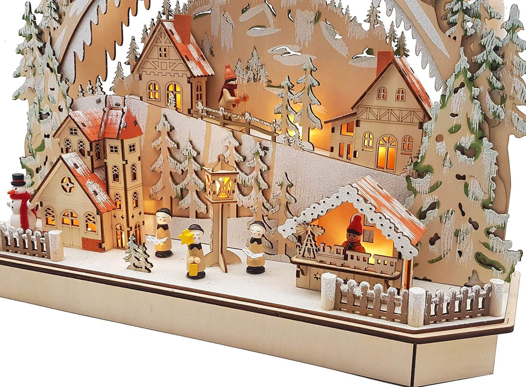 Wichtelstube-Kollektion Holzkunst LED Schwibbogen Bergdorf Erzgebirge Schwippbogen Lichterbogen Echt