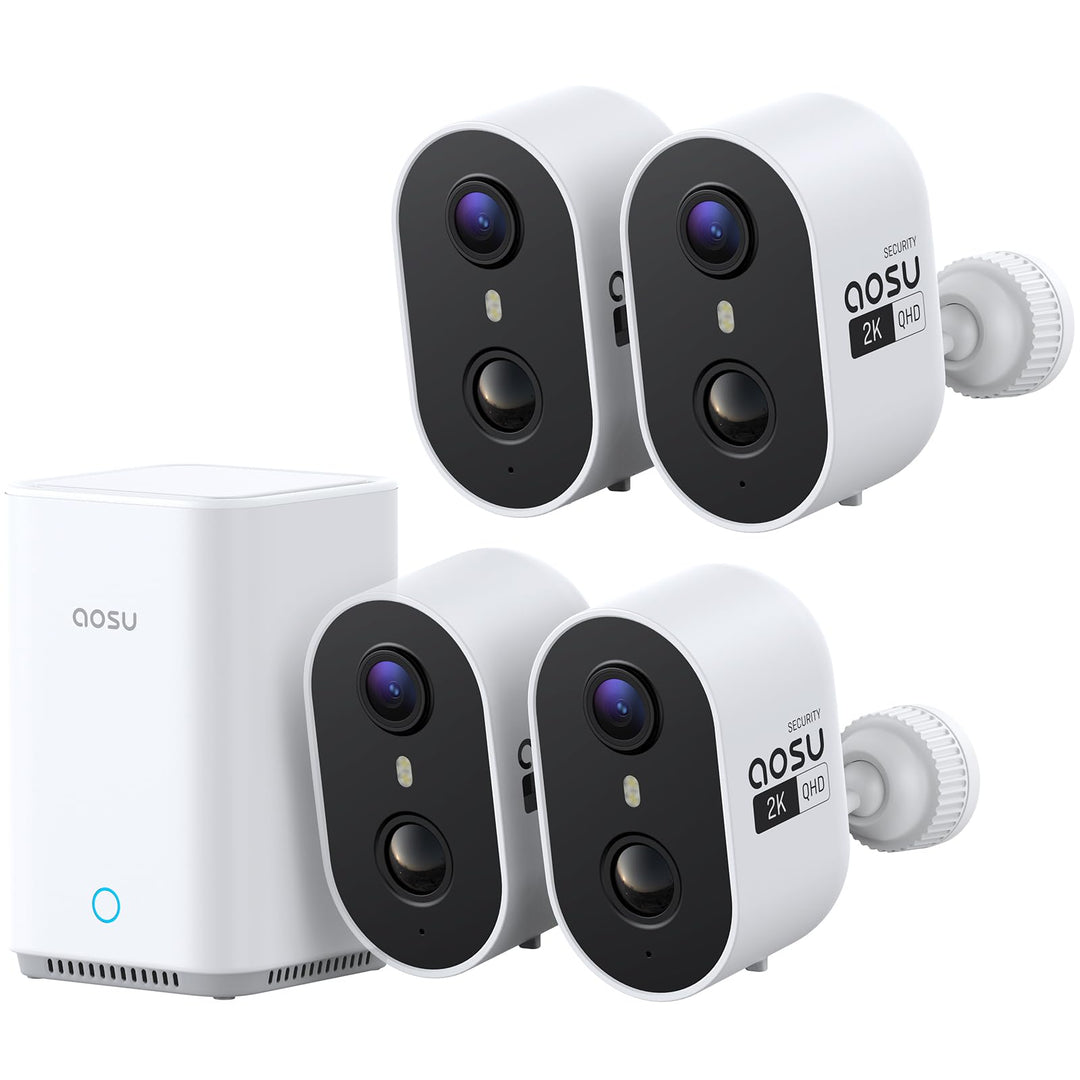 aosu 2K Überwachungskamera Aussen Akku 4er-Kit mit Aosubase 2.0 ohne ABO 32GB Lokal Speicher Kabello