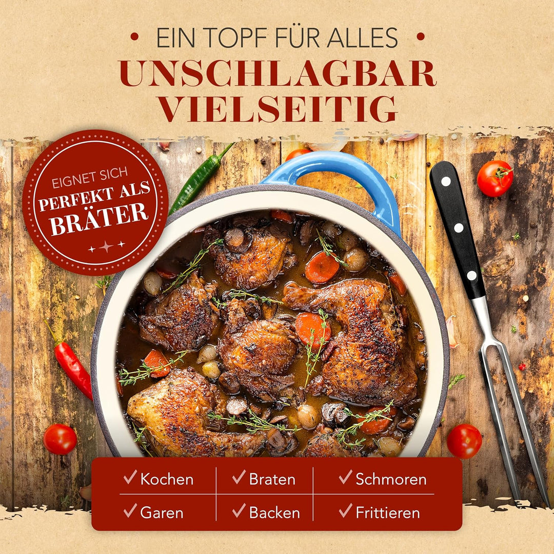 KRUSTENZAUBER Gusseisen Topf [inkl. Fleischgabel] - Hochwertiger 26cm Schmortopf backofengeeignet -