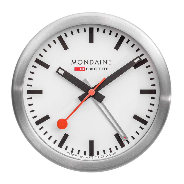 Mondaine - Wecker A997.MCAL.16SBB Tischuhr 125mm - Bahnhofsuhr aus Aluminium mit rotem Sekundenzeige