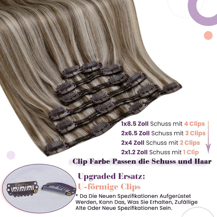 LaaVoo Clip in Extensions Braun Haarverlängerung Echthaar Clip Hellbraun mit Platinblond 45cm Extens