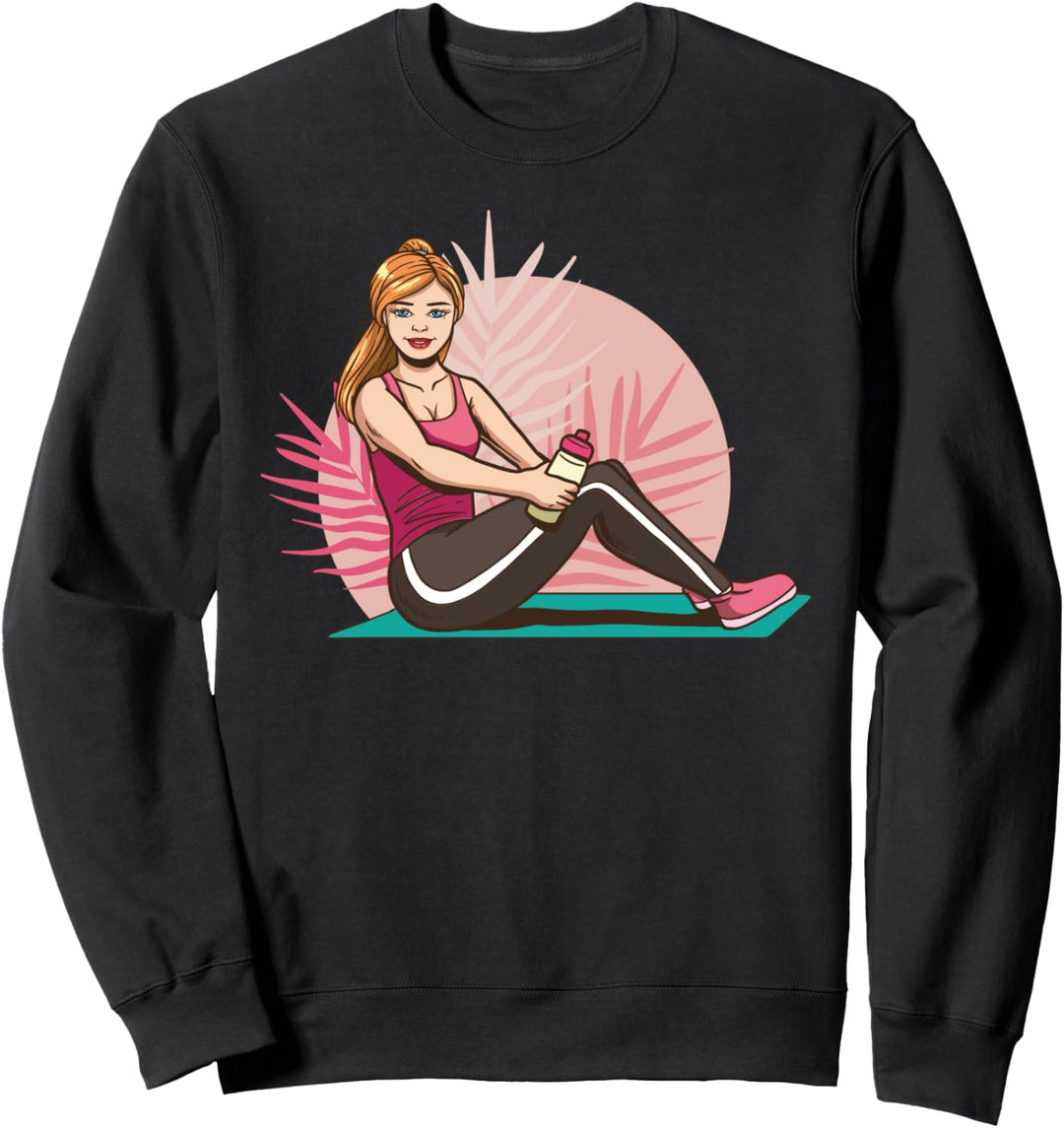 Mädchen, das eine Pause auf ihrer Yoga matte nach der Übung Sweatshirt