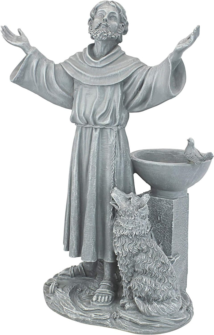Design Toscano St. Francis Segen Religiöse Gartenstatue mit Vogeltrinkstelle, Polyresin, steingrau,