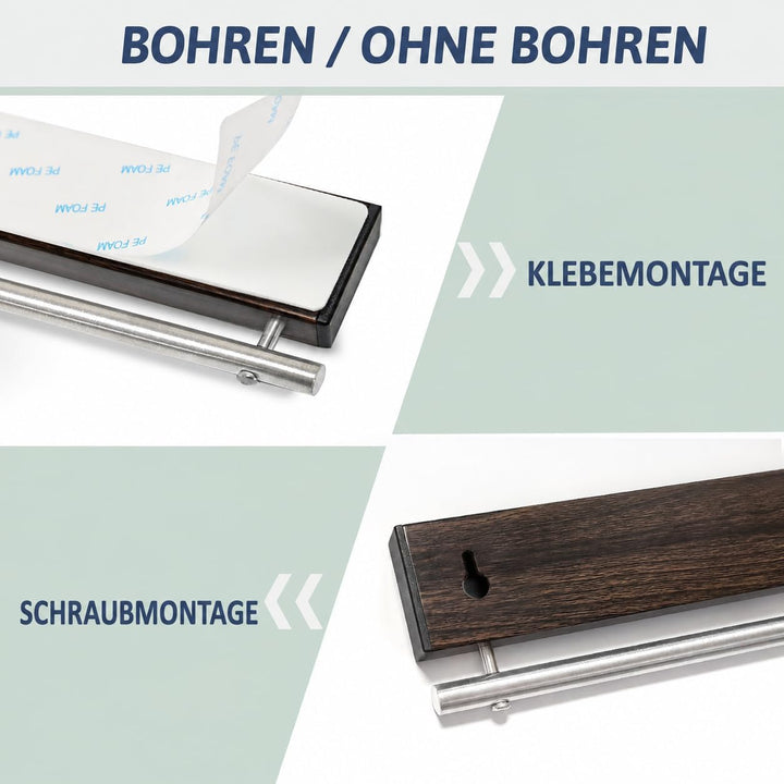 Magnetleiste Messer, 30cm Walnuss-Optik Messerhalter magnetisch mit 5 Haken, Magnet Messerhalter ohn