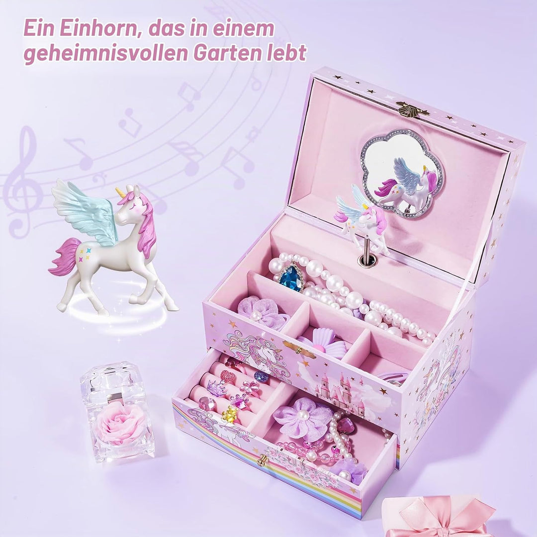 ProCase Kinder Musik Box Schmuckkästchen mit Spieluhr Einhorn &amp; Konservierte Blumen, Schmuckschatull