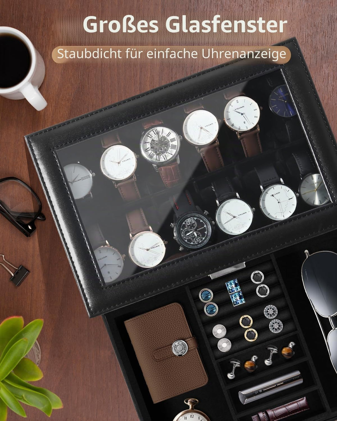 Uten Uhrenbox, 12 Fächern und 1 Schublade mit Schlüsselschloss, Glasdeckel, Schwarzes PU, Schwarzes