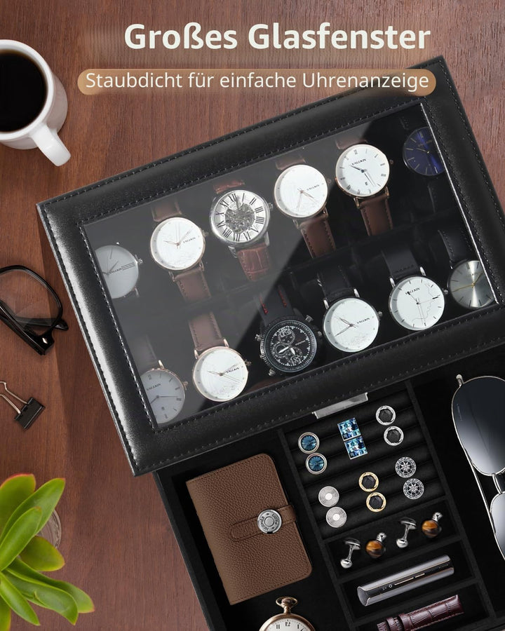 Uten Uhrenbox, 12 Fächern und 1 Schublade mit Schlüsselschloss, Glasdeckel, Schwarzes PU, Schwarzes
