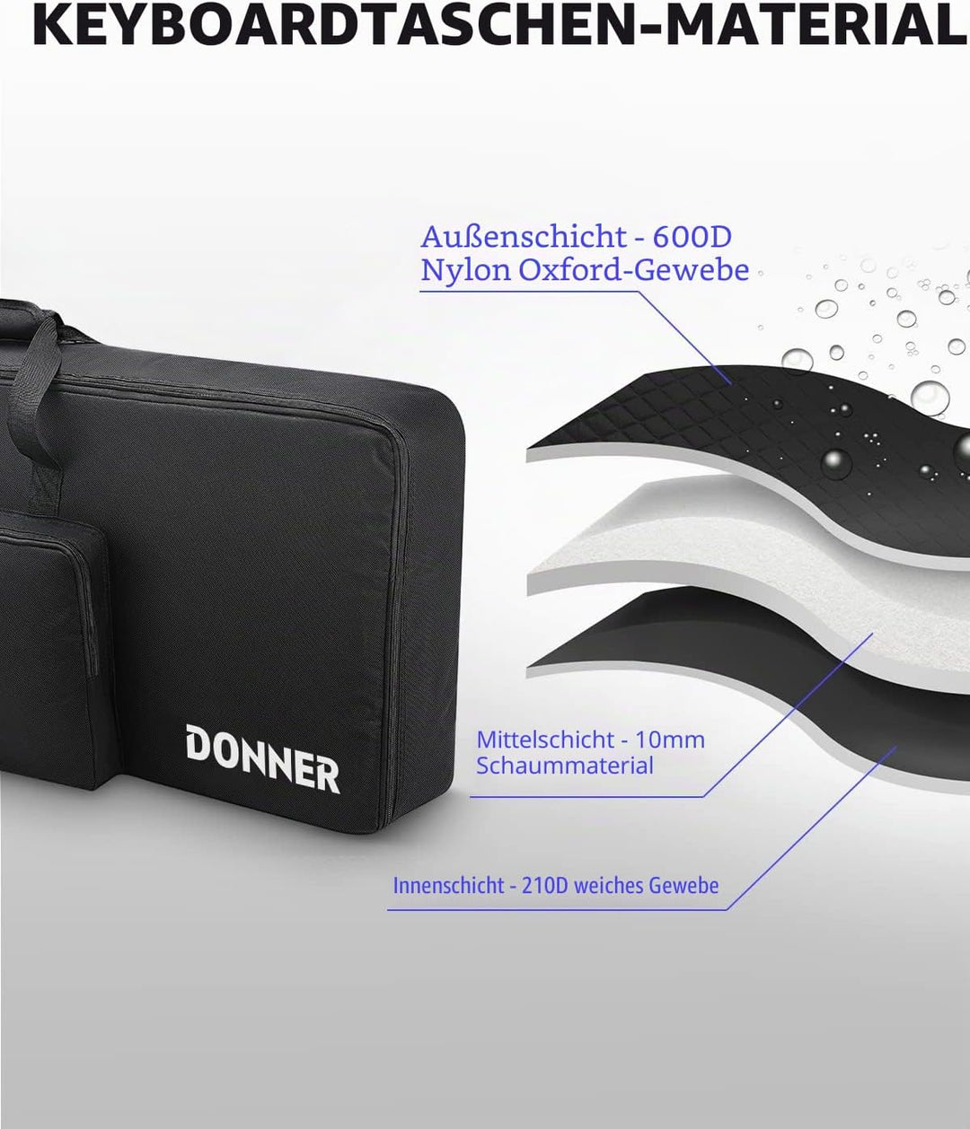 Donner Keyboardtasche 61 Tasten, 104 x 41 x 13 cm wasserdichte Keyboard Tasche 10 mm Dicke Polsterun