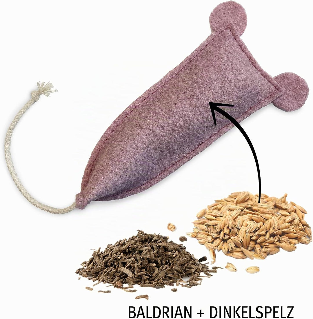 3 XL Spielmäuse mit Katzenminze-, Baldrian- und Matatabi-Füllung. Aus Reiner Schurwolle. Liebevolle