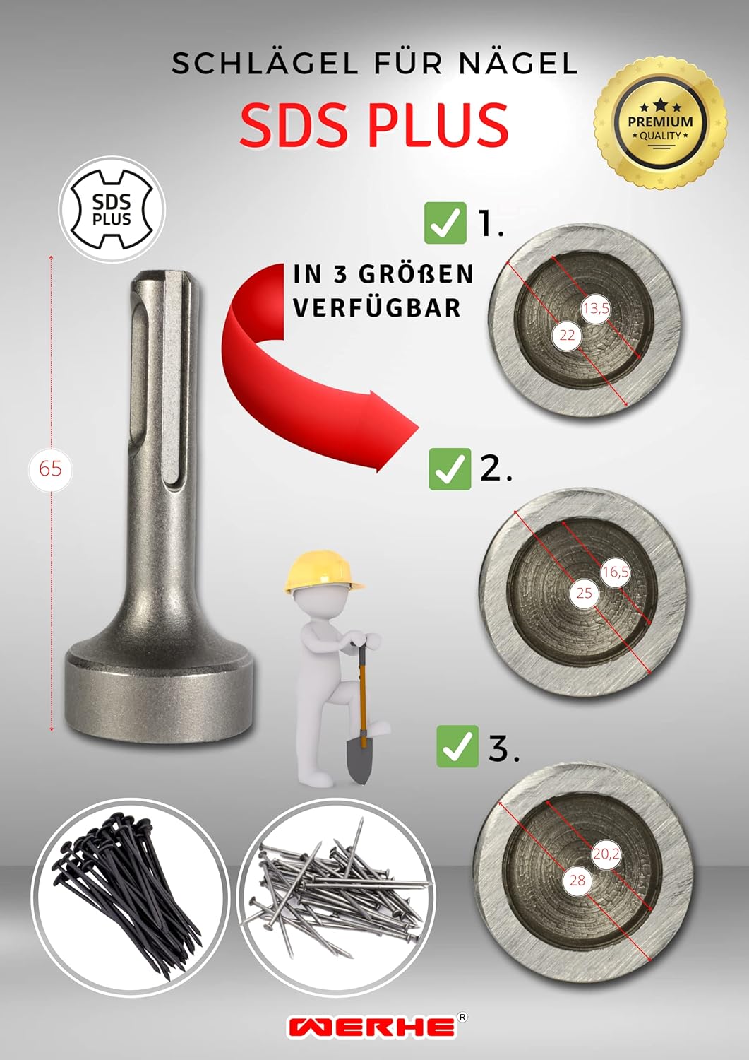 WERHE Nageleintreiber SDS Plus 16,5 mm für Bohrhämmer – Effiziente Einschlaghilfe für Nägel und Stäb