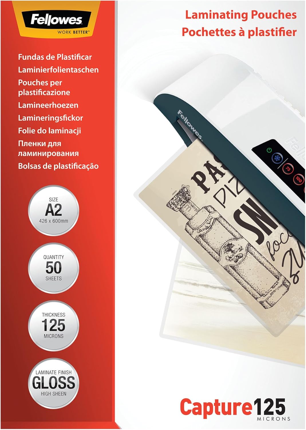 Fellowes Laminierfolien im Format A2, 125 Mikron (2 x 125 mic), glänzende Heisslaminierfolien, 50 St