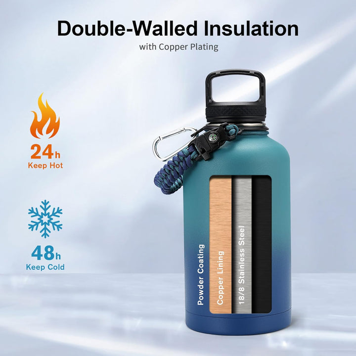 Trebo Isolierte Wasserflasche, 1,8 l, Metall-Vakuum-Wasserkrug mit Griff und 3 Deckeln, auslaufsiche