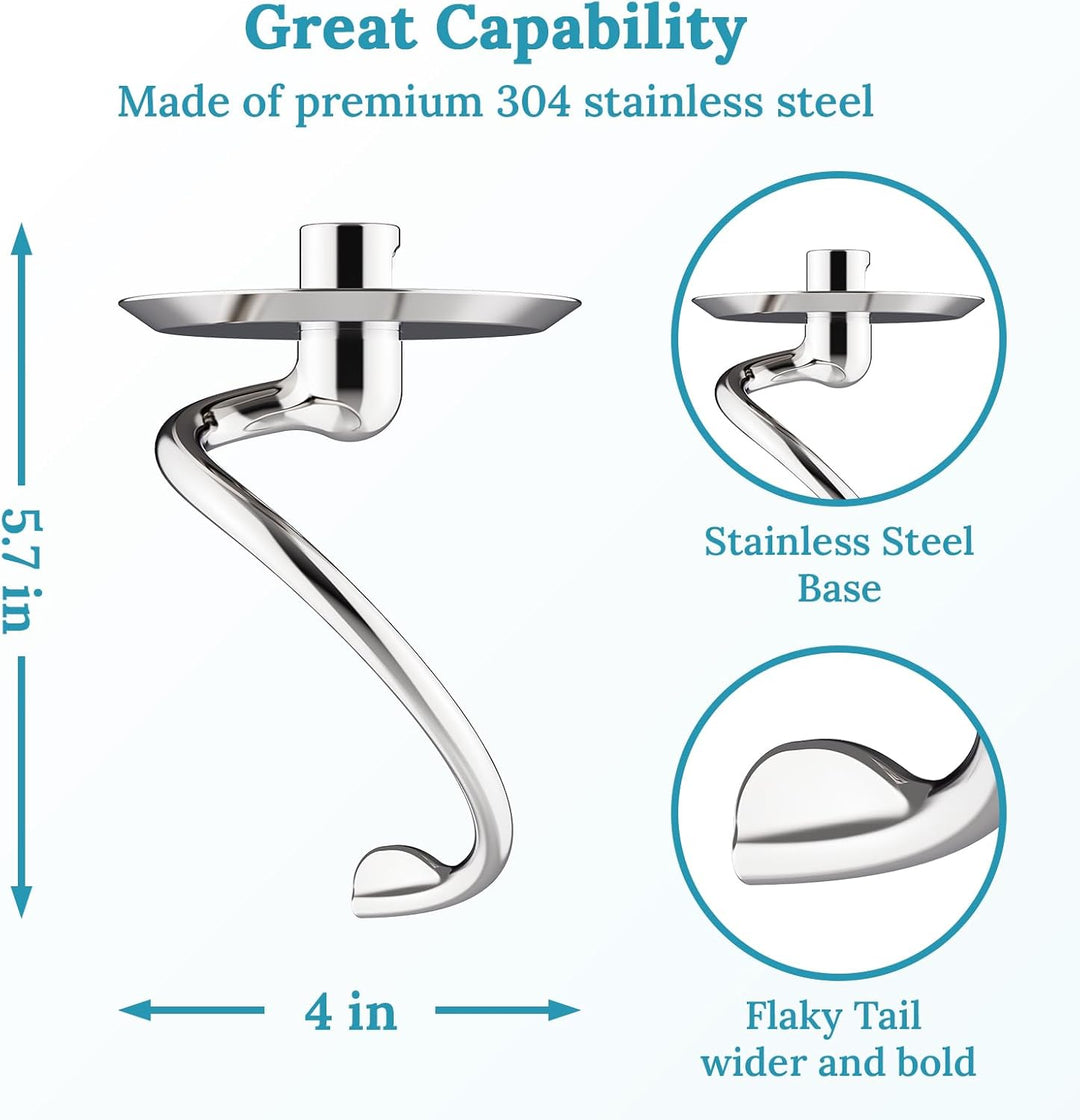 Knethaken aus Edelstahl für KitchenAid Standmixer, passend für 4,5–5 Qt Kippkopf-Standmixer-Aufsätze