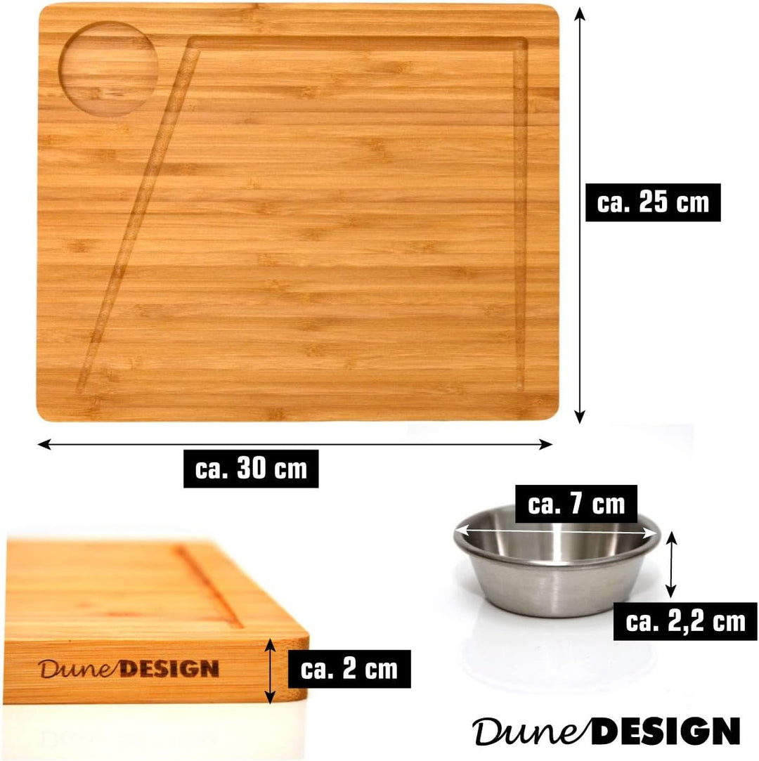DuneDesign 4x Steakteller Holz mit Dipschalen - 30x25cm Bambus Teller Set - Grill Servierplatte Holz