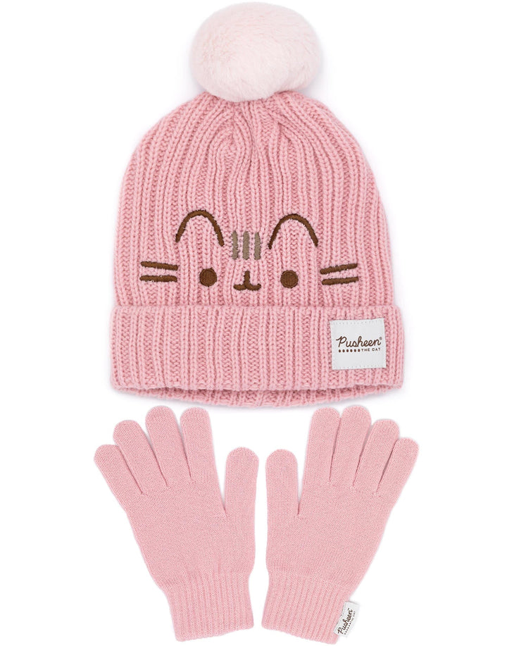 Pusheen Beanie und Handschuhe Frauen Katze rosa gestrickter Winterhut