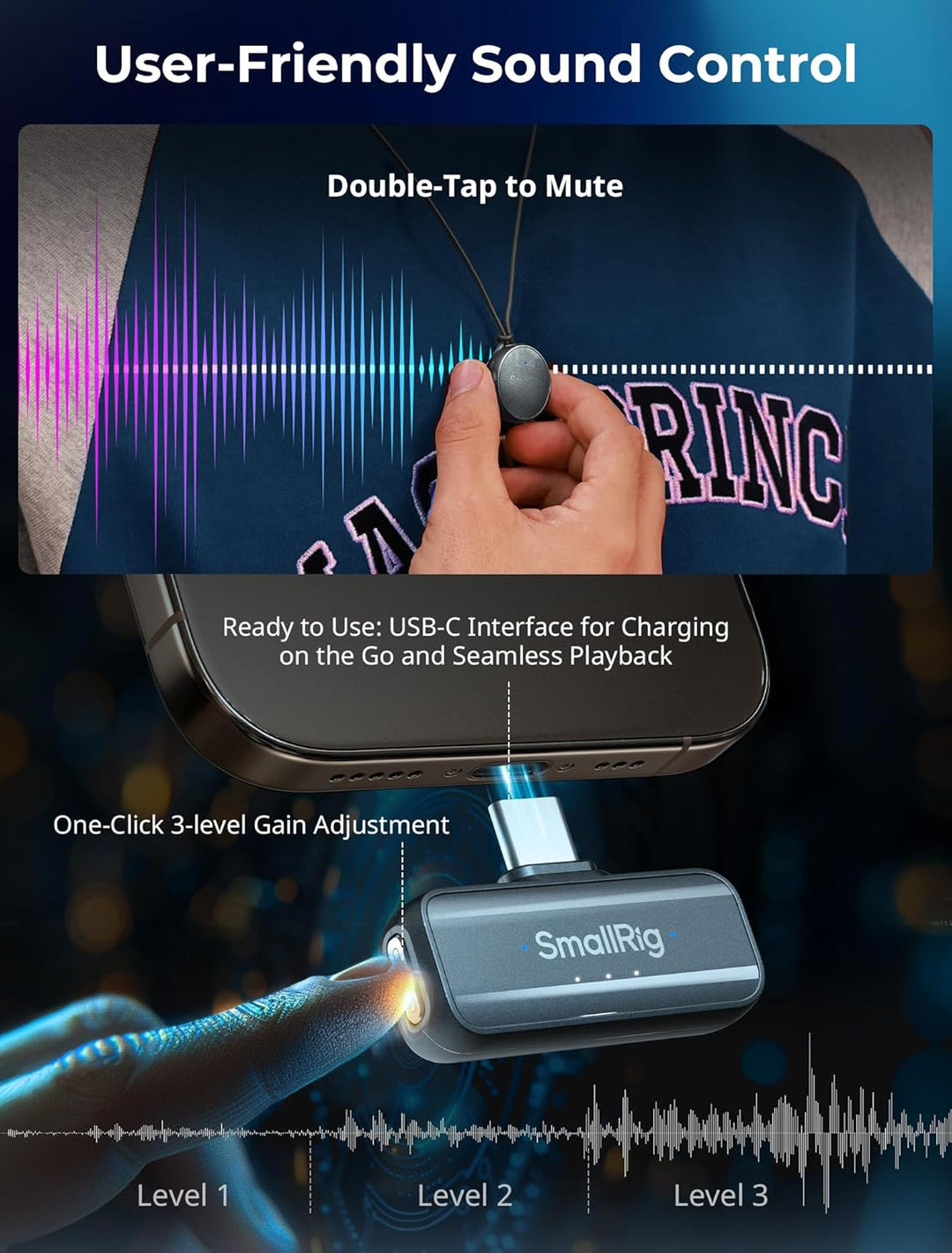 SMALLRIG S60 Kabellos Lavalier Mikrofon mit USB C für iPhone, Android, Mini-Mikrofon mit 44H Akkulau