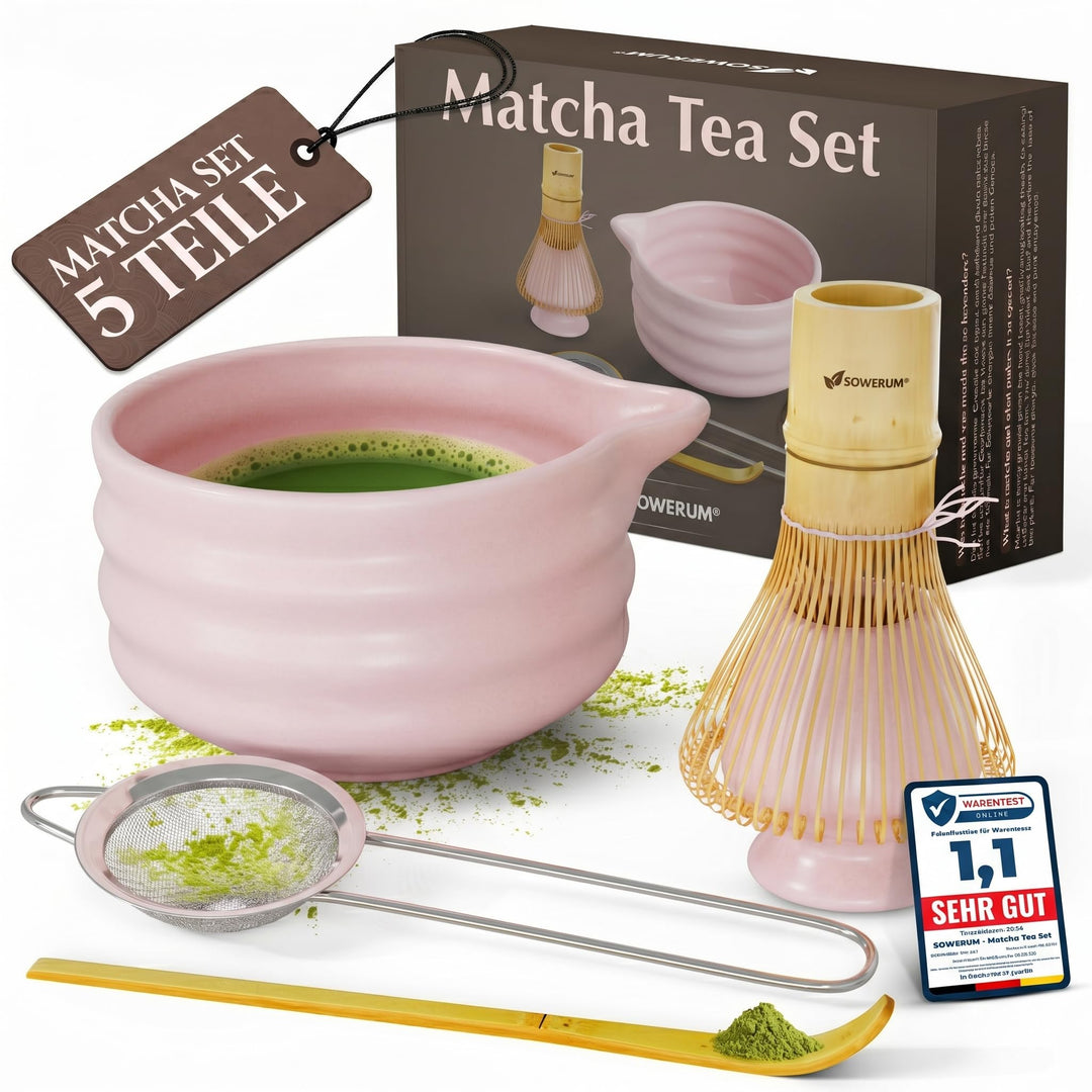 Matcha Set Rosa 5-teilig Schale mit Ausgiesser und [EXTRA ROBUSTEM] Matchabesen Spülmaschinenfest Ma