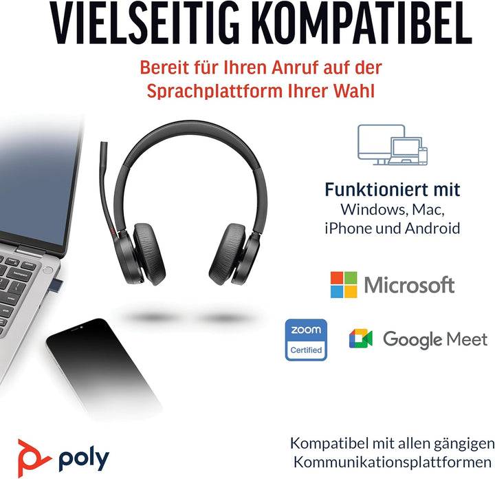 Schnurloses Poly Voyager 4320 UC-Headset und Ladestation – Stereo-Kopfhörer mit Noise Cancelling-Mik