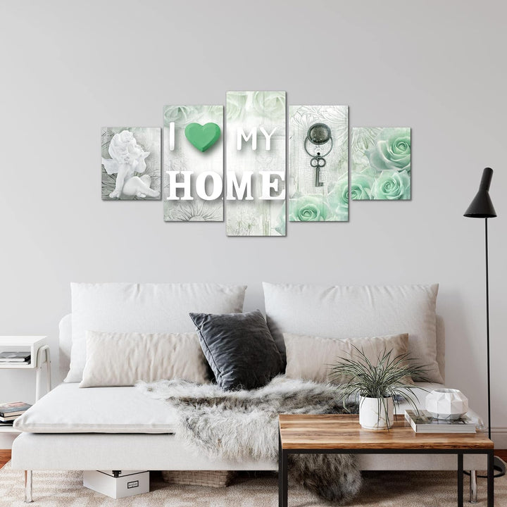 Runa Art Wandbilder Home Herz 5 Teilig Bild auf Vlies Leinwand Deko Wohnzimmer Holz Grau Grün 026252