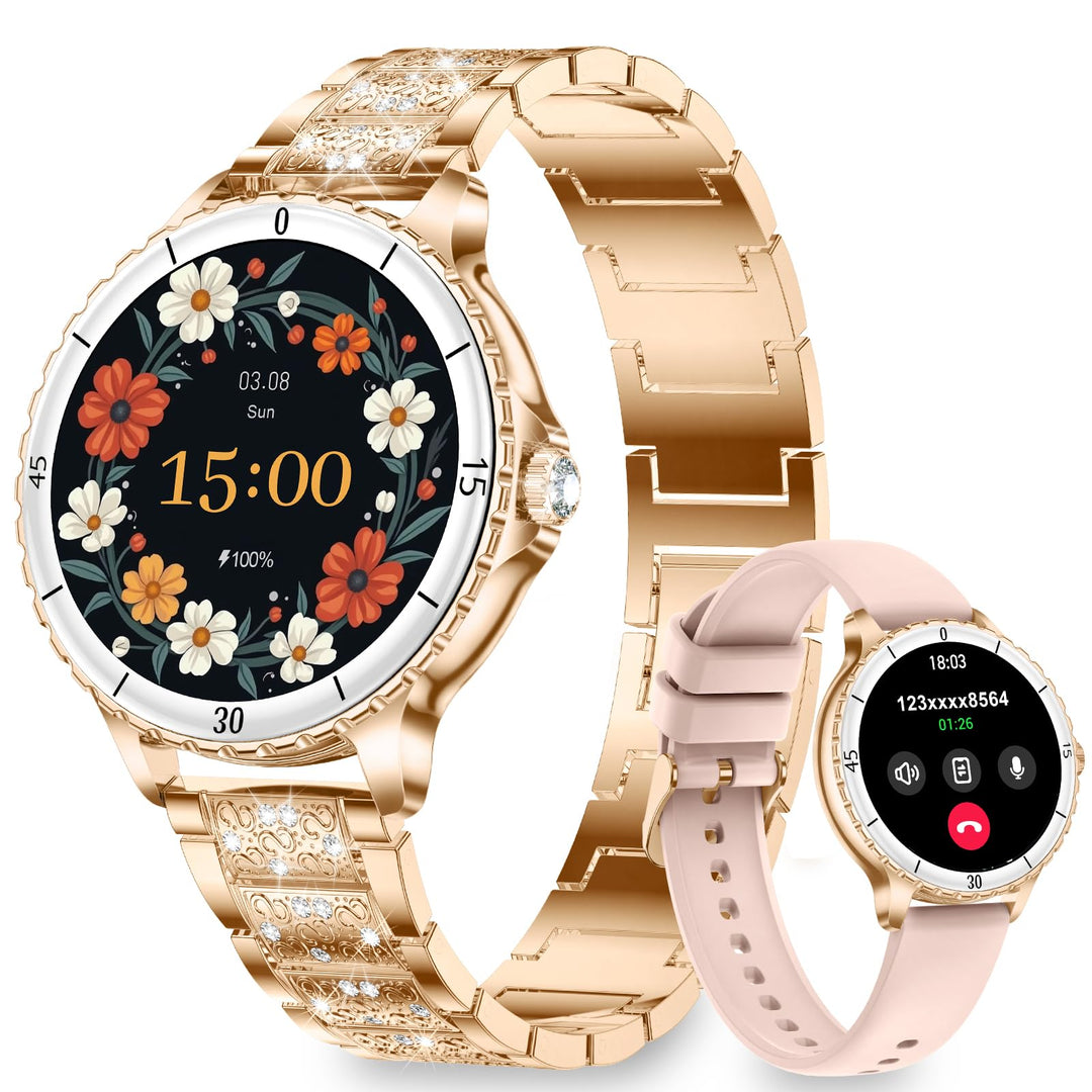 Smartwatch Damen mit Telefonfunktion, 1.27" Smart Watch Rund mit Diamantband für Android iOS, IP68 W