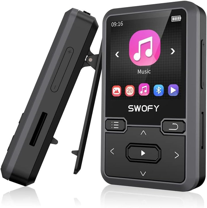 SWOFY MP3 Player Bluetooth 5.0 mit Sport Clip, 32GB Tragbarer Mini Musik Player mit Kopfhörer, FM Ra