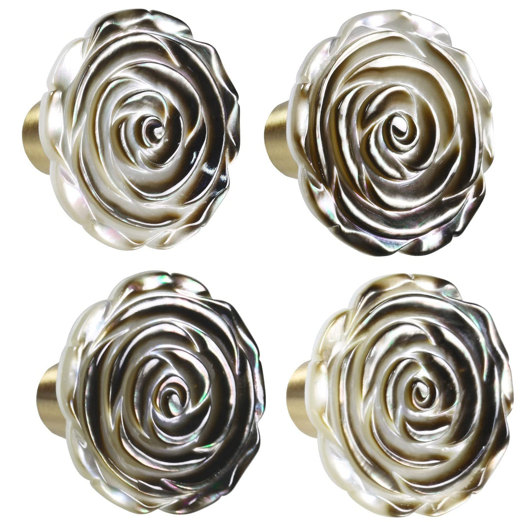 mookaitedecor Satz von 4 schwarze Muschel Rose Blume Schrankknöpfe mit Schrauben, dekorative florale