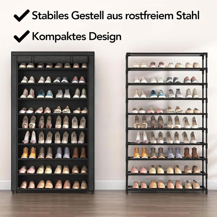 Brixy XXL Schuhregal mit 9 Ebenen für bis zu 54 Paar Schuhe, 160x100x28 cm, Staubschutzhülle, Schwar