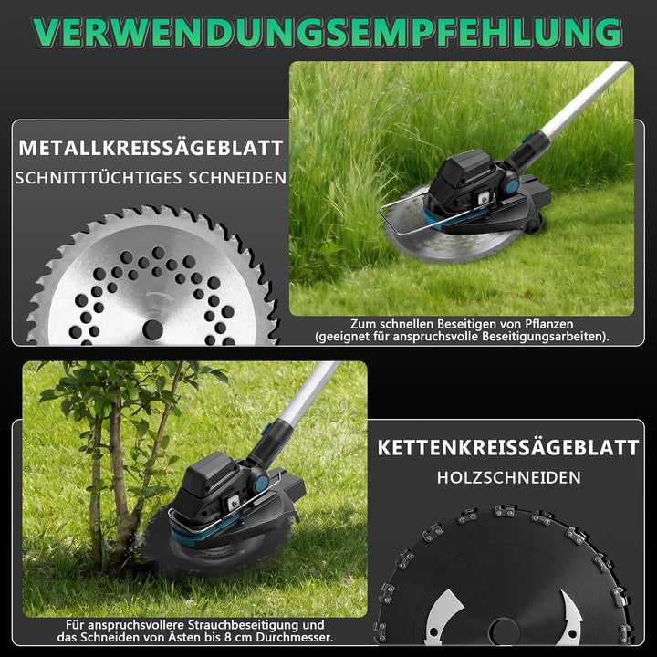 7-IN-1 Akku Rasentrimmer mit 2 x 4Ah 18V Akkus, 1200W Bürstenloser Freischneider Akku mit 7 Klingen