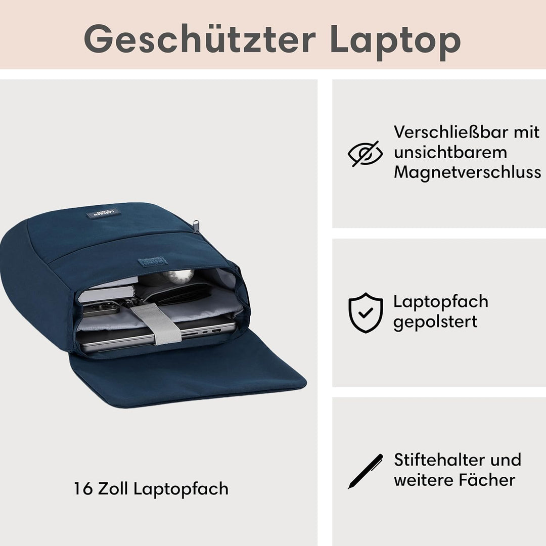 LARKSON Rucksack Damen Klein Blau - Ronja - Moderner Tagesrucksack mit Laptopfach für Uni Business C
