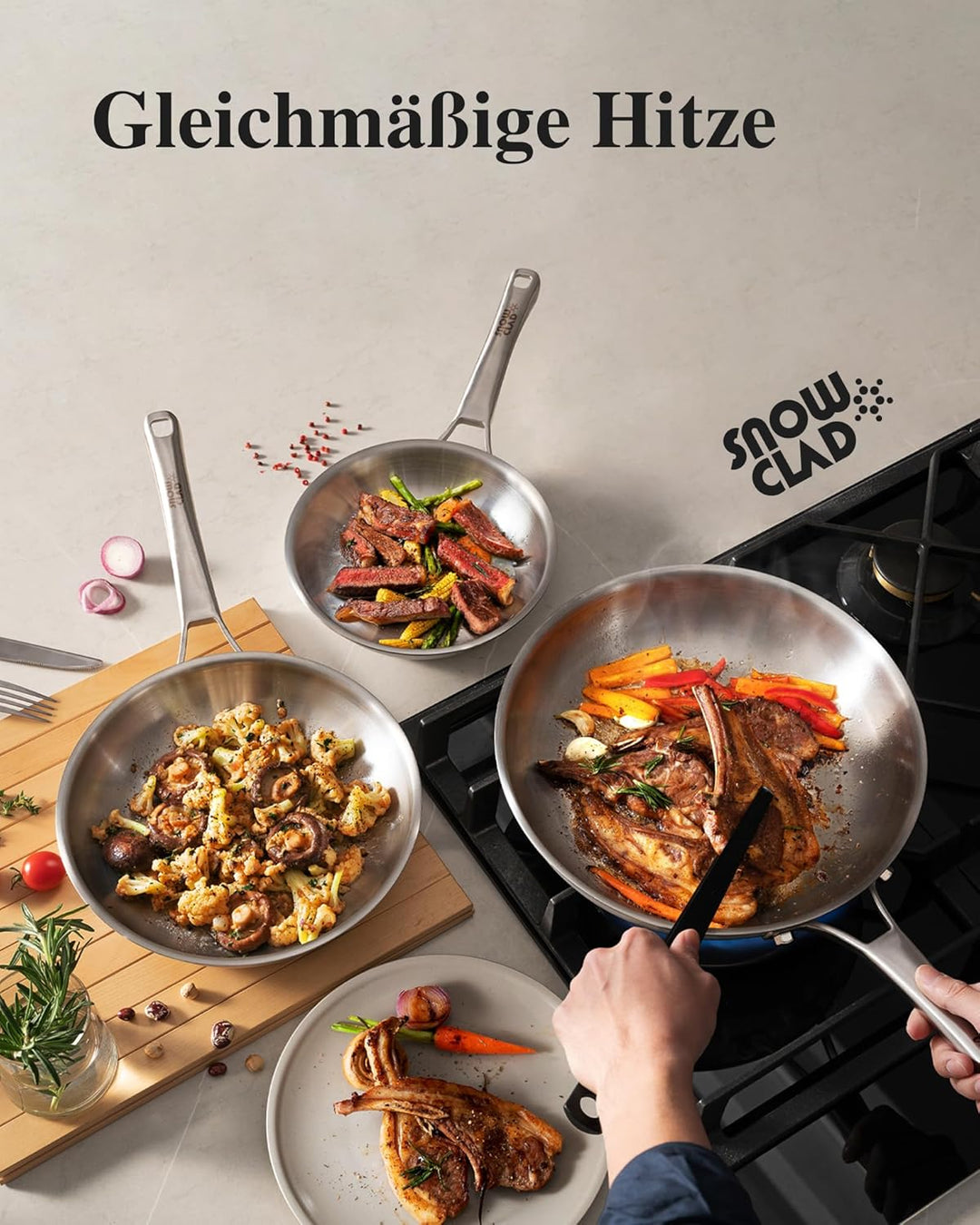 Edelstahlpfanne Set 3-teilig, 20&24&28CM, Edelstahlpfanne unbeschichtet, Pfanne Induktion, Universal