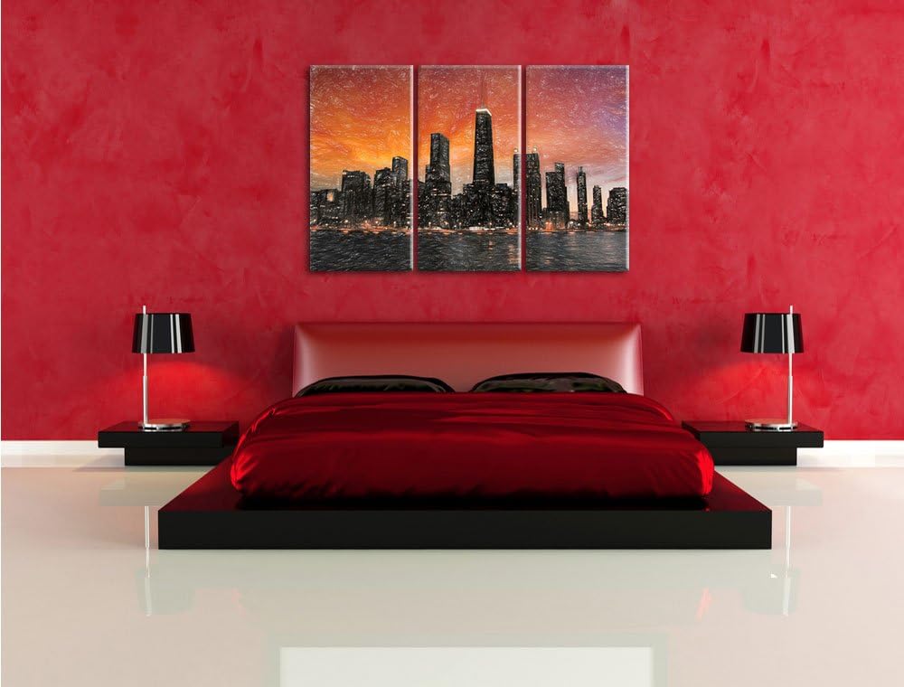 Pixxprint Chicago-Wolkenkratzer-Silhouette als Leinwandbild/Grösse: 3 Teilig (120x80) cm/Wandbild/Ku
