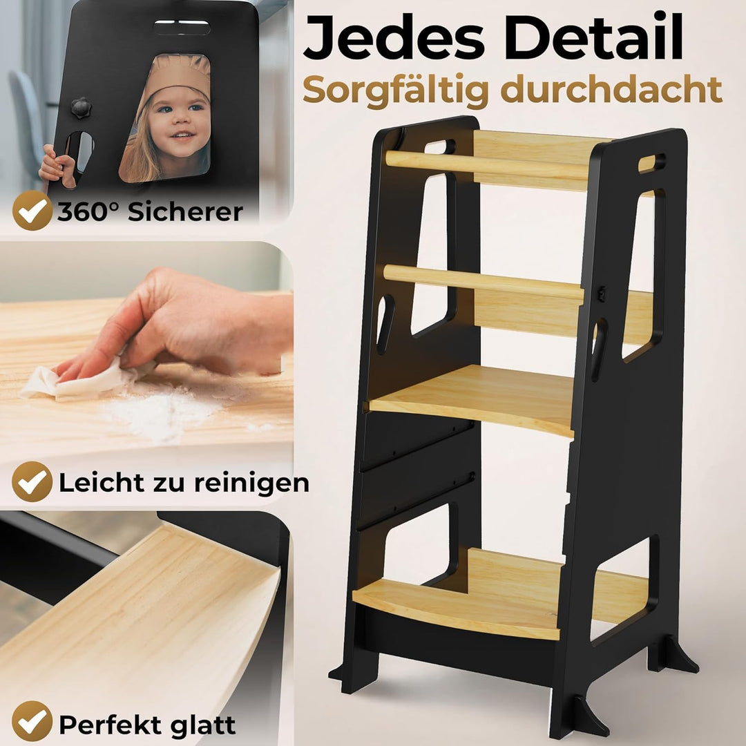 BEY &amp; CO® Lernturm/Entdeckerturm aus Holz – Küchenhelfer für Kinder – 3-Fach höhenverstellbar, mit R
