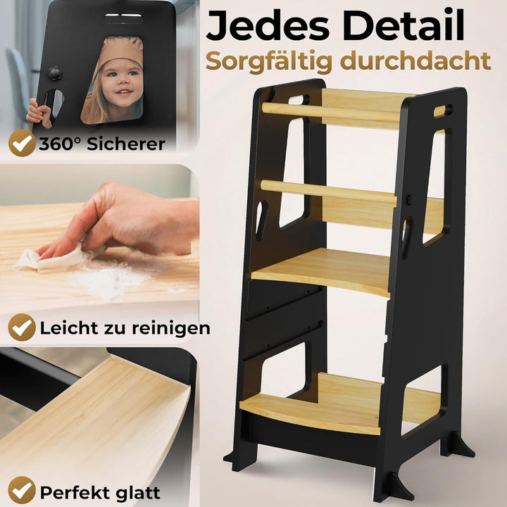 BEY &amp; CO® Lernturm/Entdeckerturm aus Holz – Küchenhelfer für Kinder – 3-Fach höhenverstellbar, mit R
