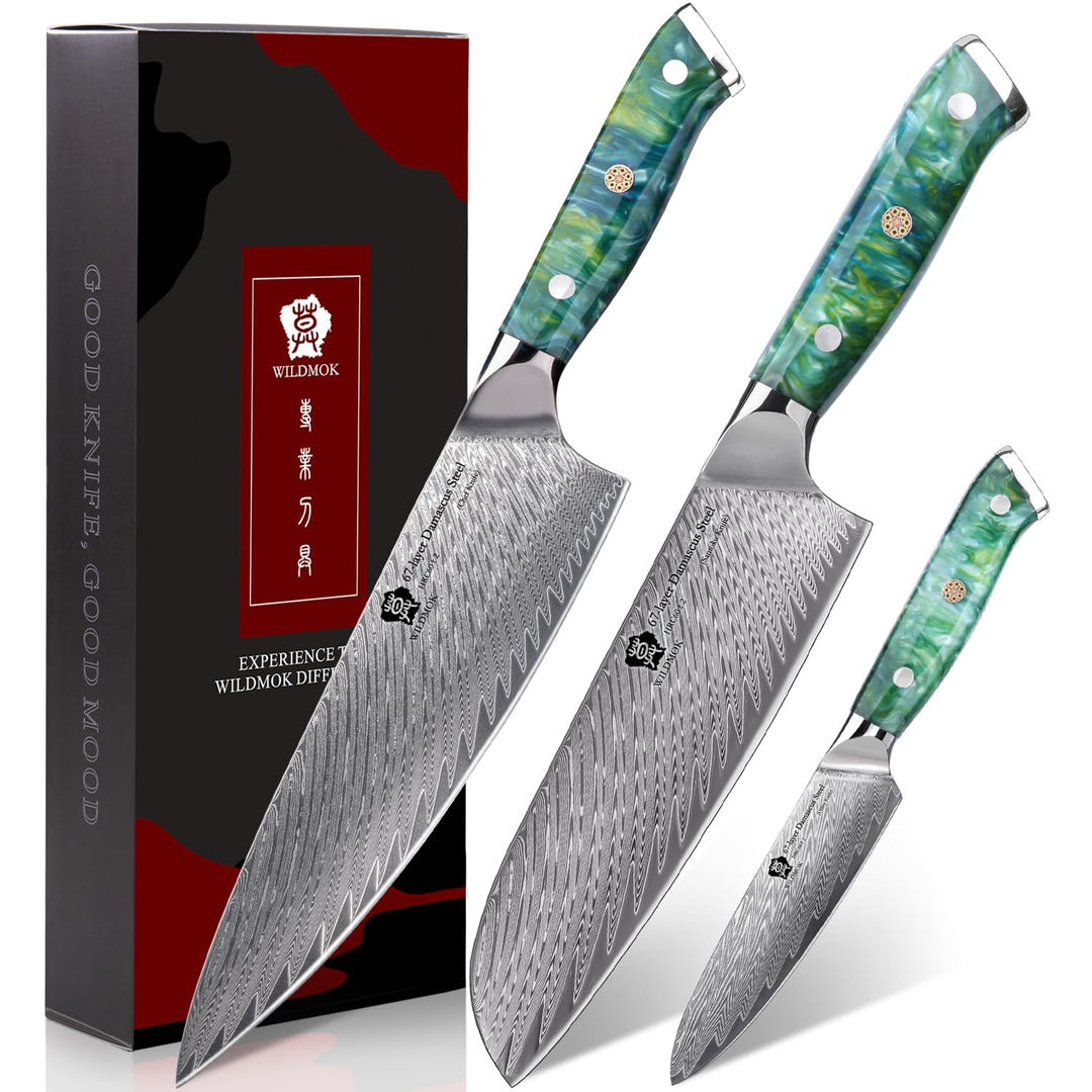 WILDMOK Professionelles Küchenmesser-Set, 3-teilig, Kochmesser-Set aus Damaststahl, 3-teilig, ultras