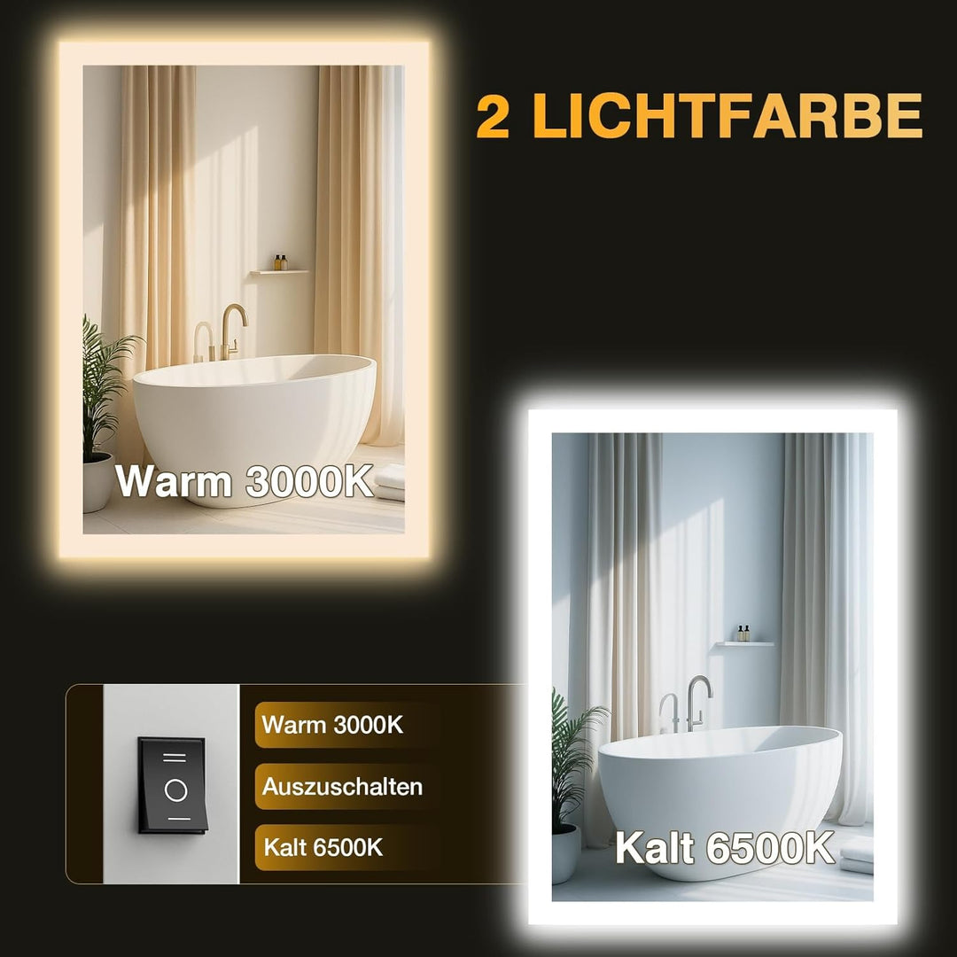 Badspiegel mit Beleuchtung, LED Bad Spiegel mit Licht, Antibeschlag, 2 Lichtfarben, 3000K / 6500K, K