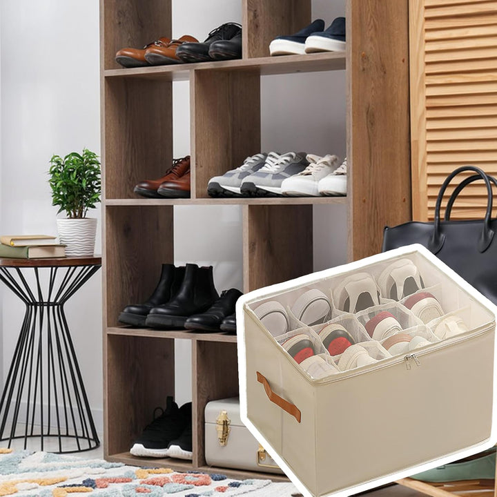 Schuh-Organizer-Box, transparenter Griff, 42 x 32 x 30 cm, platzsparend, faltbar, verstellbare Trenn