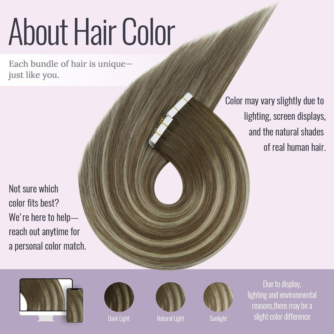 Fshine Haarverlängerung Tape Echthaar 45cm Echthaar Remy Extensions Tape 50 Gramm Balayage Dunkelbra