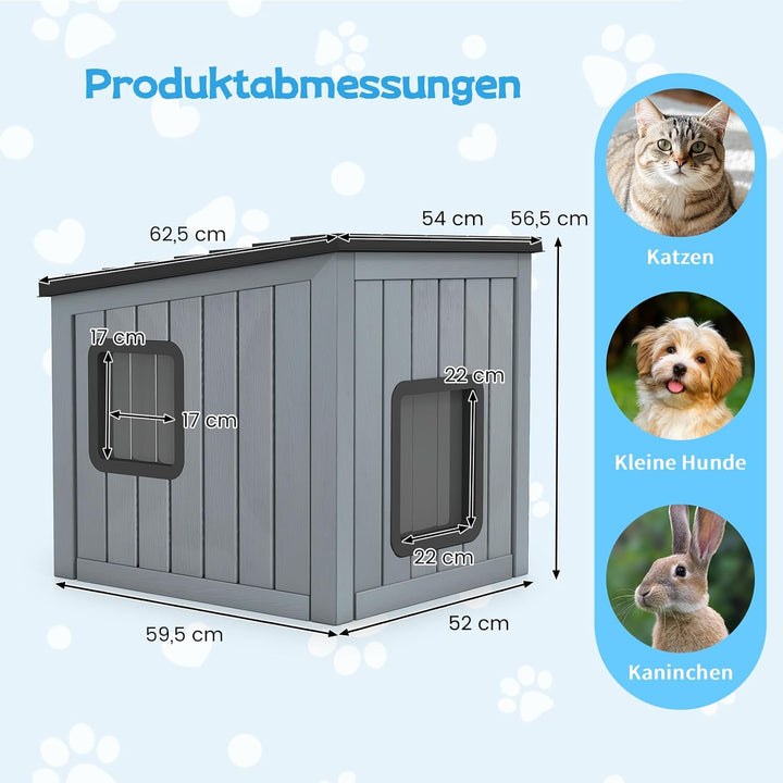 COSTWAY Katzenhaus Outdoor Winterfest, Isolierte Katzenhütte für Winter, Katzenhöhle mit 2 PVC-Türen