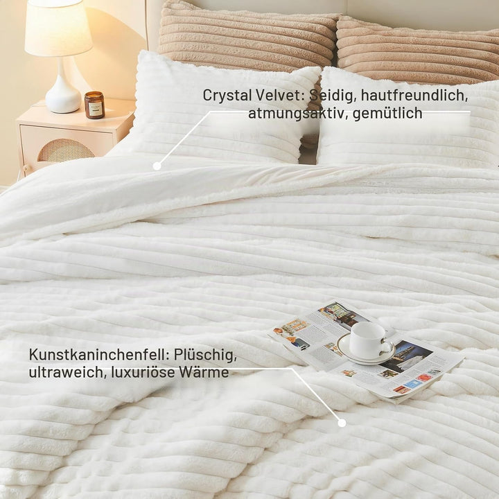 EMME Gestreifte Plüsch Bettwäsche 220x240 - Winterbettwäsche aus Kaninchenfell-Imitat mit Raffiniert