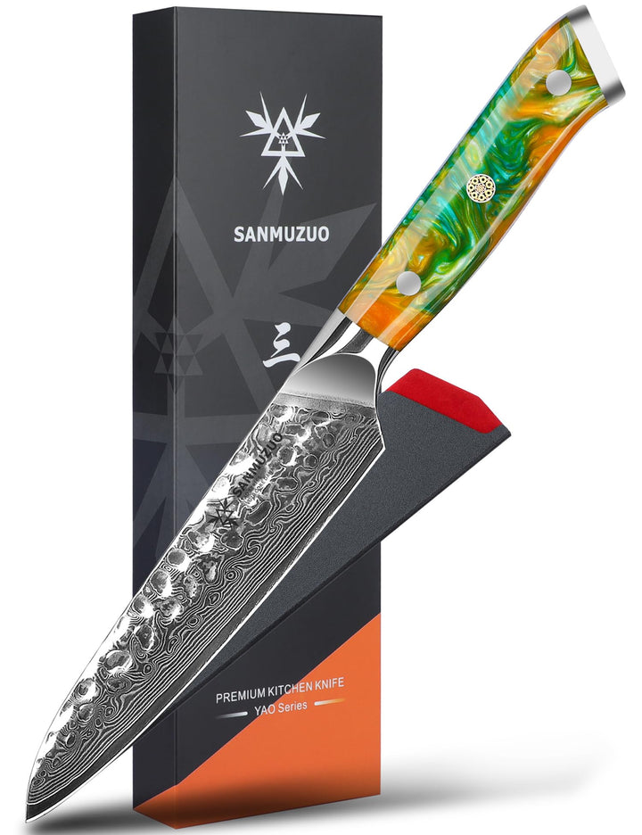 13 cm Allzweckmesser für Obst und Gemüse - Profi Kochmesser, Gehämmertem Damaskus Stahl und Harz Gri