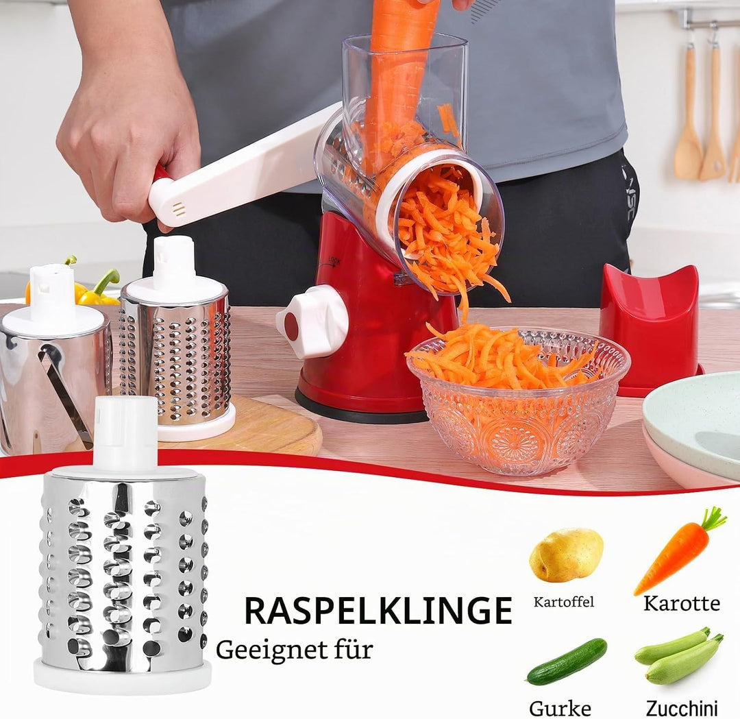Dreamhigh® Käsereibe mit Kurbel, Gemüseschneider mit 3 Edelstahl Austauschbaren Trommelklingen, Manu