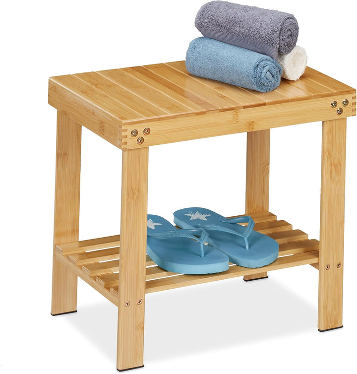 Relaxdays Badhocker aus Bambus, Sitzhocker mit extra Ablagefläche, HxBxT: 41,5 x 44 x 28 cm, Staurau