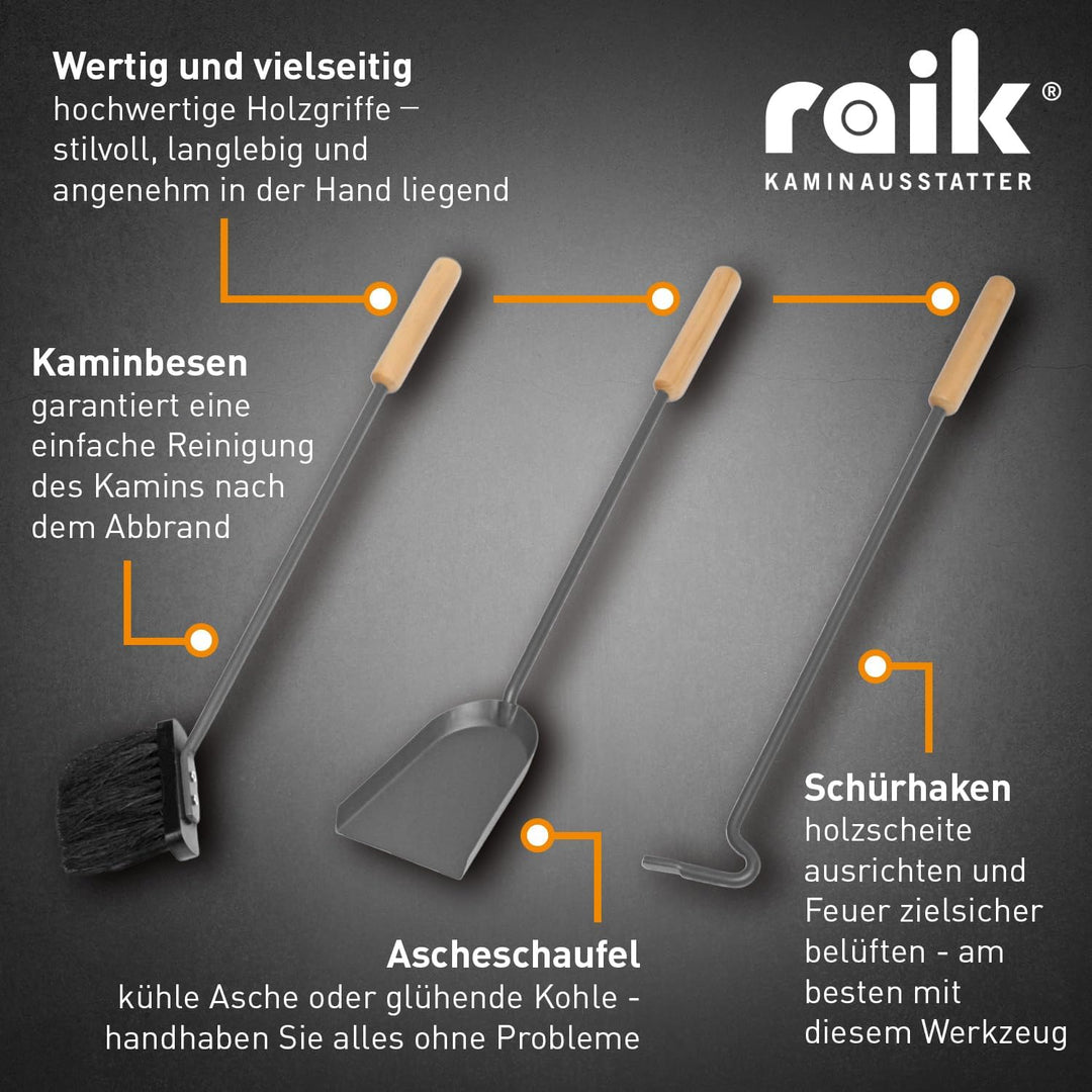 raik Kaminbesteck Set Otto 3-teilig inkl. Rindsleder Ofenhandschuh schwarz Kamingarnitur Stahl grau