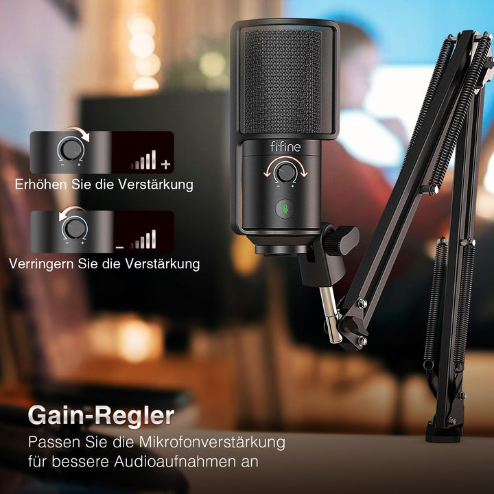 FIFINE USB Microphone Kit with Mute Button, Podcast Microphone with Boom Arm Stand for PC Computer,